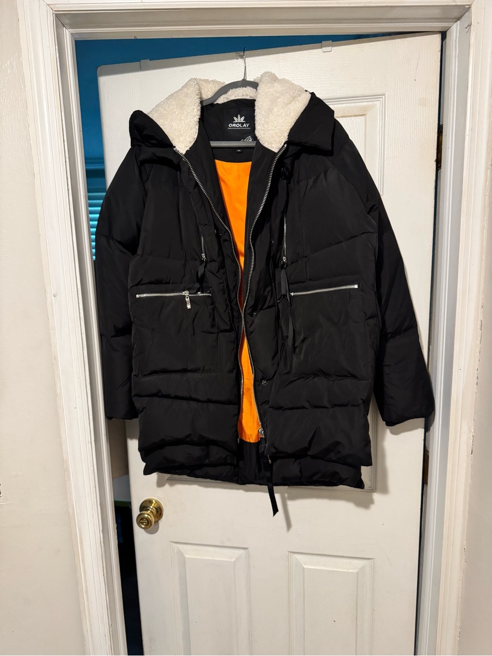 OROLAY  Black Puffer Jacket with White Sherpa Collar and Orange Lining like new - Picture 5 of 5